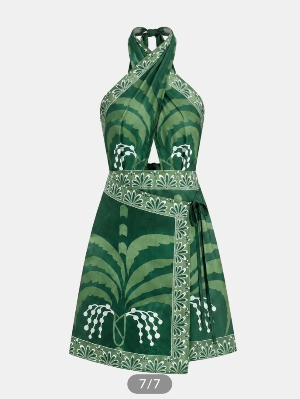 Green Tropical Print Halter Wrap Mini Dress